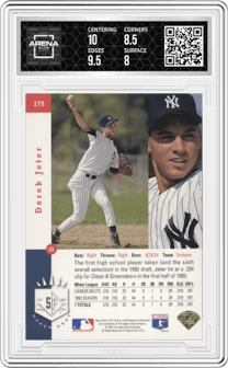 Derek Jeter from the 1993 Upper Deck SP set featuring a Foil parallel graded by Arena Club and given an overall grade of 8.5.