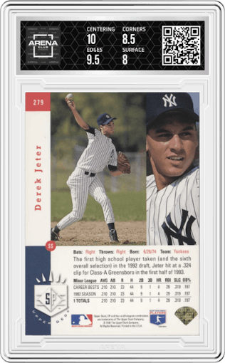 Derek Jeter from the 1993 Upper Deck SP set featuring a Foil parallel graded by Arena Club and given an overall grade of 8.5.