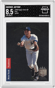 Derek Jeter from the 1993 Upper Deck SP set featuring a Foil parallel graded by Arena Club and given an overall grade of 8.5.