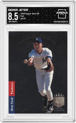 Derek Jeter from the 1993 Upper Deck SP set featuring a Foil parallel graded by Arena Club and given an overall grade of 8.5.