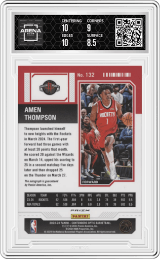 Amen Thompson from the 2023-24 Panini Contenders Optic set graded by Arena Club and given an overall grade of 9.