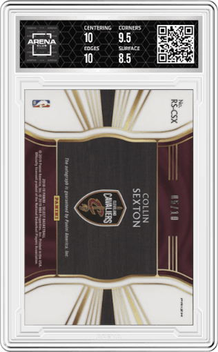 Collin Sexton from the 2018-19 Panini Select  set featuring a Gold Prizm parallel graded by Arena Club and given an overall grade of 9.