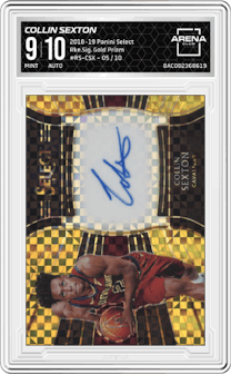 Collin Sexton from the 2018-19 Panini Select  set featuring a Gold Prizm parallel graded by Arena Club and given an overall grade of 9.