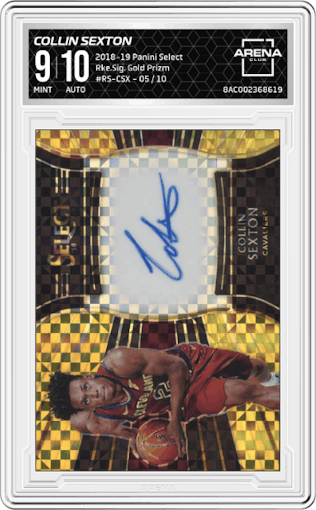 Collin Sexton from the 2018-19 Panini Select  set featuring a Gold Prizm parallel graded by Arena Club and given an overall grade of 9.