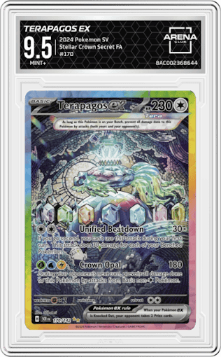 Terapagos ex from the 2024 Pokemon SV set graded by Arena Club and given an overall grade of 9.5.