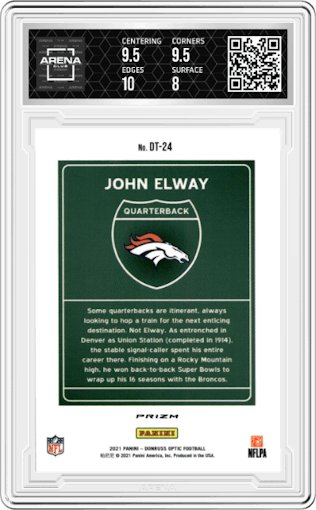 John Elway from the 2021 Panini Donruss Optic set graded by Arena Club and given an overall grade of 8.5.
