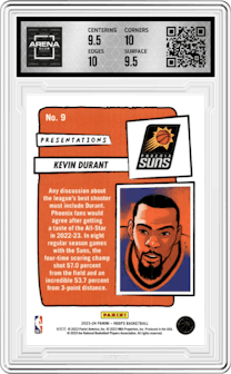Kevin Durant from the 2023-24 Panini NBA Hoops set graded by Arena Club and given an overall grade of 10.