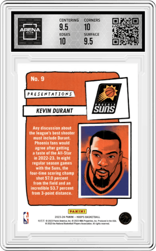 Kevin Durant from the 2023-24 Panini NBA Hoops set graded by Arena Club and given an overall grade of 10.