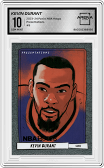 Kevin Durant from the 2023-24 Panini NBA Hoops set graded by Arena Club and given an overall grade of 10.