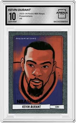 Kevin Durant from the 2023-24 Panini NBA Hoops set graded by Arena Club and given an overall grade of 10.