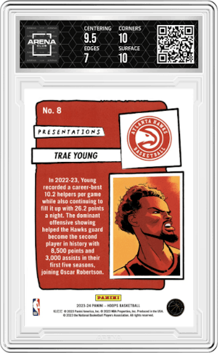 Trae Young from the 2023-24 Panini NBA Hoops set graded by Arena Club and given an overall grade of 7.5.