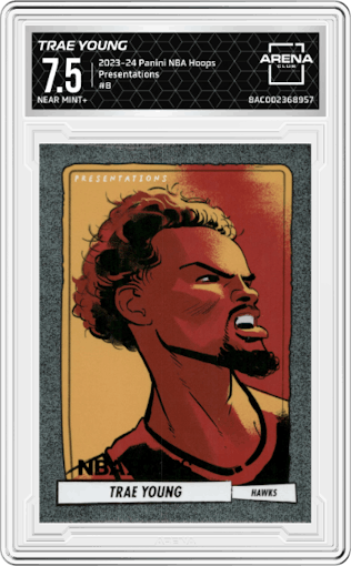 Trae Young from the 2023-24 Panini NBA Hoops set graded by Arena Club and given an overall grade of 7.5.