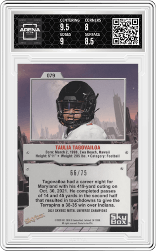 Taulia Tagovailoa from the 2022 Skybox Metal Universe Champions Multi-Sport set featuring a Pink parallel graded by Arena Club and given an overall grade of 8.5.