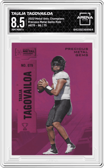Taulia Tagovailoa from the 2022 Skybox Metal Universe Champions Multi-Sport set featuring a Pink parallel graded by Arena Club and given an overall grade of 8.5.