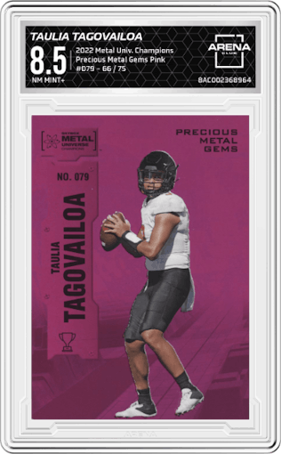 Taulia Tagovailoa from the 2022 Skybox Metal Universe Champions Multi-Sport set featuring a Pink parallel graded by Arena Club and given an overall grade of 8.5.