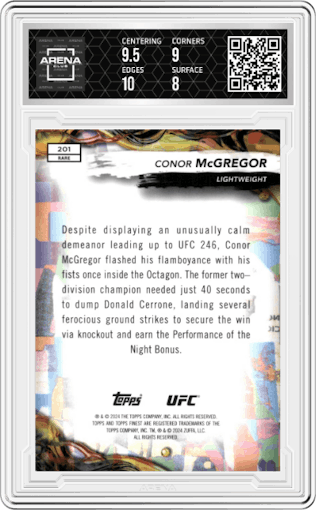 Conor McGregor from the 2024 Topps Finest set featuring a Tangerine Glitter Refractor parallel graded by Arena Club and given an overall grade of 8.5.