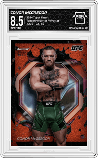 Conor McGregor from the 2024 Topps Finest set featuring a Tangerine Glitter Refractor parallel graded by Arena Club and given an overall grade of 8.5.