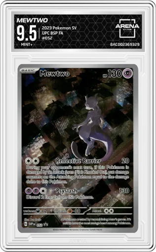 Mewtwo from the 2023 Pokemon SV set featuring a Ultra Premium Collection parallel graded by Arena Club and given an overall grade of 9.5.