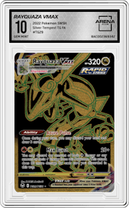 Rayquaza VMAX from the 2022 Pokemon SWSH set graded by Arena Club and given an overall grade of 10.