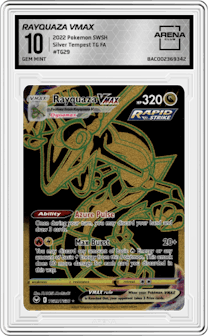 Rayquaza VMAX from the 2022 Pokemon SWSH set graded by Arena Club and given an overall grade of 10.