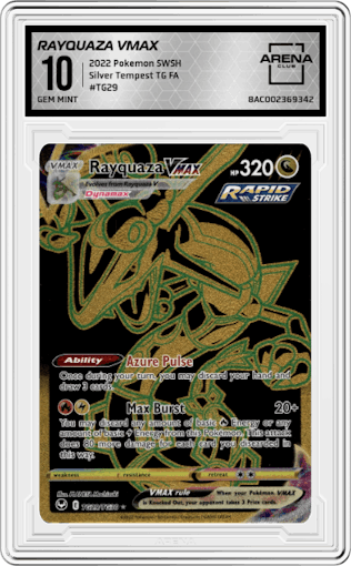 Rayquaza VMAX from the 2022 Pokemon SWSH set graded by Arena Club and given an overall grade of 10.