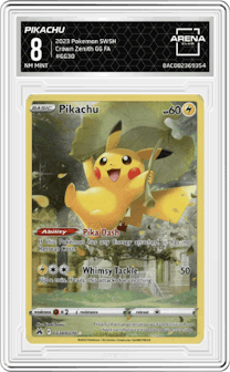Pikachu from the 2023 Pokemon SWSH set graded by Arena Club and given an overall grade of 8.