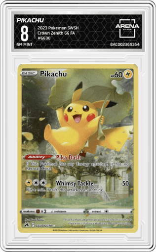 Pikachu from the 2023 Pokemon SWSH set graded by Arena Club and given an overall grade of 8.