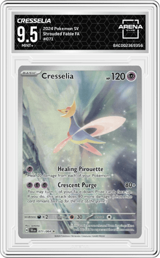 Cresselia from the 2024 Pokemon SV set graded by Arena Club and given an overall grade of 9.5.
