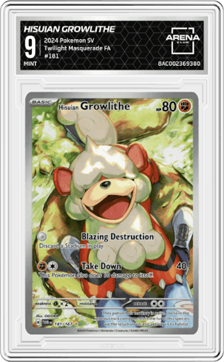 Hisuian Growlithe from the 2024 Pokemon SV set graded by Arena Club and given an overall grade of 9.