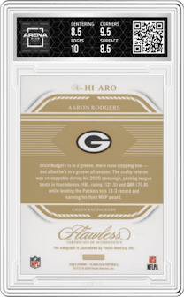 Aaron Rodgers from the 2023 Panini Flawless set graded by Arena Club and given an overall grade of 9.