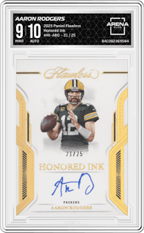 Aaron Rodgers from the 2023 Panini Flawless set graded by Arena Club and given an overall grade of 9.