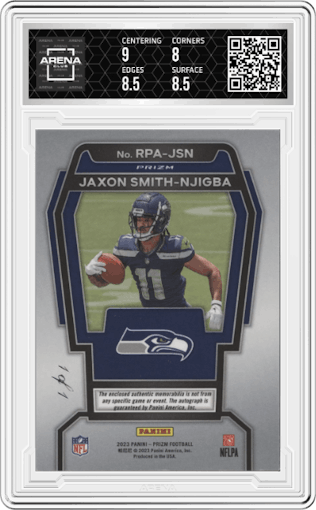 Jaxon Smith-Njigba from the 2023 Panini Prizm set featuring a Black Finite parallel graded by Arena Club and given an overall grade of 8.5.