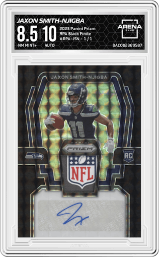Jaxon Smith-Njigba from the 2023 Panini Prizm set featuring a Black Finite parallel graded by Arena Club and given an overall grade of 8.5.