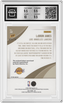 LeBron James from the 2022 Panini The National VIP set featuring a Gold Relic  parallel graded by Arena Club and given an overall grade of 10.