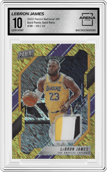 LeBron James from the 2022 Panini The National VIP set featuring a Gold Relic  parallel graded by Arena Club and given an overall grade of 10.