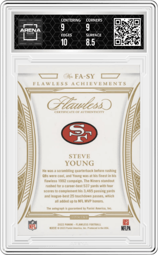 Steve Young from the 2022 Panini Flawless set featuring a Silver parallel graded by Arena Club and given an overall grade of 9.