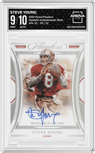 Steve Young from the 2022 Panini Flawless set featuring a Silver parallel graded by Arena Club and given an overall grade of 9.