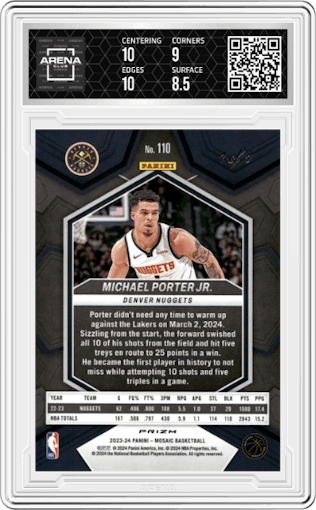 Michael Porter Jr. from the 2023-24 Panini Mosaic set featuring a Choice Nebula parallel graded by Arena Club and given an overall grade of 9.