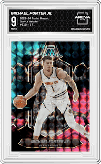 Michael Porter Jr. from the 2023-24 Panini Mosaic set featuring a Choice Nebula parallel graded by Arena Club and given an overall grade of 9.