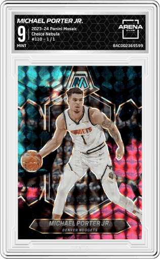 Michael Porter Jr. from the 2023-24 Panini Mosaic set featuring a Choice Nebula parallel graded by Arena Club and given an overall grade of 9.