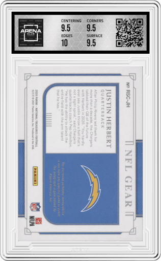 Justin Herbert from the 2020 Panini National Treasures set graded by Arena Club and given an overall grade of 10.