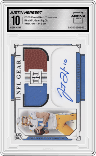 Justin Herbert from the 2020 Panini National Treasures set graded by Arena Club and given an overall grade of 10.