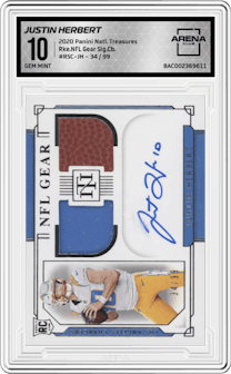 Justin Herbert from the 2020 Panini National Treasures set graded by Arena Club and given an overall grade of 10.
