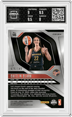 Caitlin Clark from the 2024 Panini Prizm WNBA set featuring a Purple Prizm parallel and given an overall grade of 8.5.