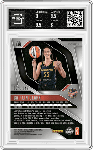 Caitlin Clark from the 2024 Panini Prizm WNBA set featuring a Purple Prizm parallel graded by Arena Club and given an overall grade of 8.5.