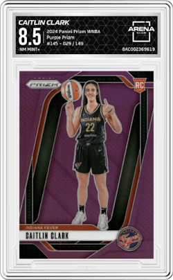 Caitlin Clark from the 2024 Panini Prizm WNBA set featuring a Purple Prizm parallel and given an overall grade of 8.5.