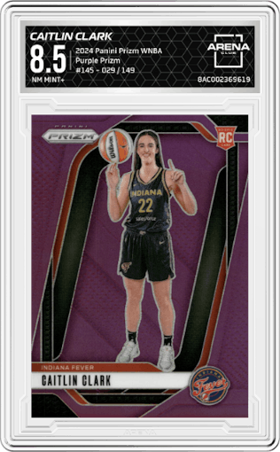 Caitlin Clark from the 2024 Panini Prizm WNBA set featuring a Purple Prizm parallel graded by Arena Club and given an overall grade of 8.5.