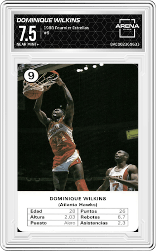 Dominique Wilkins from the 1988 Fournier Estrellas set graded by Arena Club and given an overall grade of 7.5.