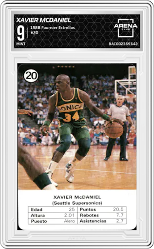 Xavier McDaniel from the 1988 Fournier Estrellas set graded by Arena Club and given an overall grade of 9.