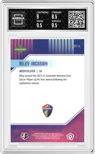 Riley Jackson from the 2024 Parkside NWSL Vol. 1 set graded by Arena Club and given an overall grade of 9.